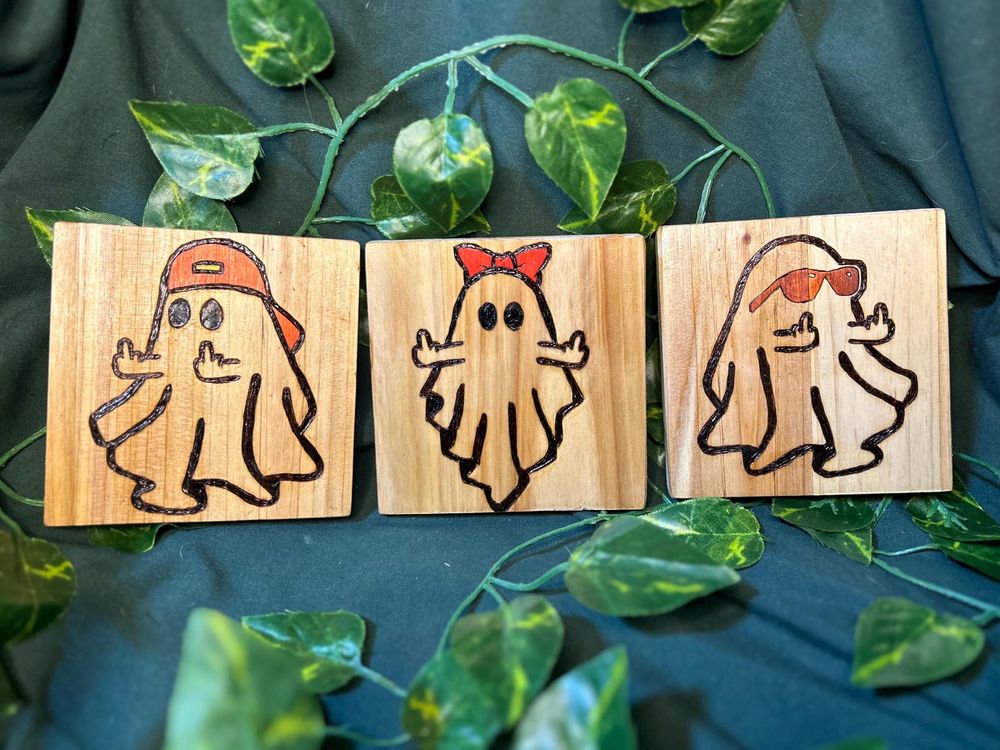 Hand Burned Ghost Coasters - Flip Off - 3x3in - 3 pack