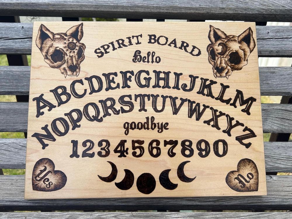 Hand Burned Spirit Board: Cat Skulls & Moon Phases, Witchy D...